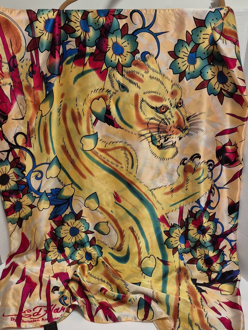 Ed Hardy silk scarf Yellow Floral Tiger Print Y2K pristine oversize 40 x 60